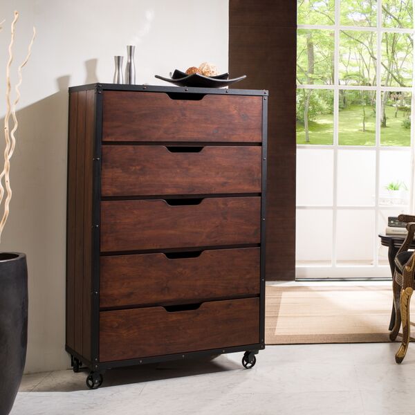 Ynj-1447-6 Amon Industrial Style 5-drawer Dresser, Vintage Walnut