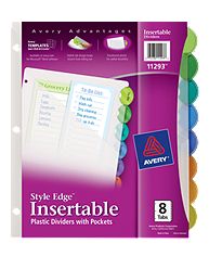 Avery-dennison Ave11293 Style Edge Insertable Plastic Dividers With Pockets, 8-tab Set