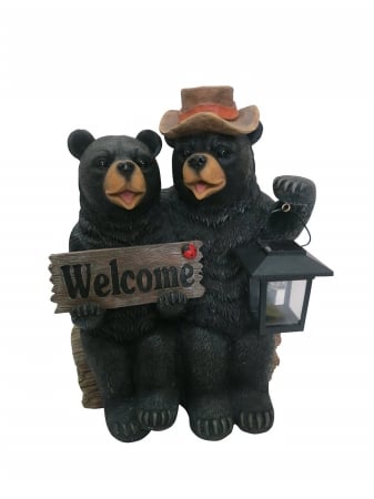 Lwa122slr 15 In. Solar Couple Of Bears Statue With Lantern & Welcome Sign