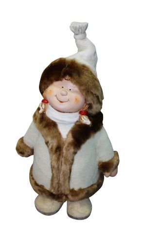 Qwr582 22 In. Girl With White & Brown Coat & Hat Standing Statuary
