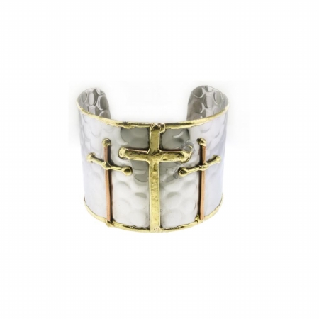 Usfb1251 Wide Brass & Copper Sideways Crosses Bracelet