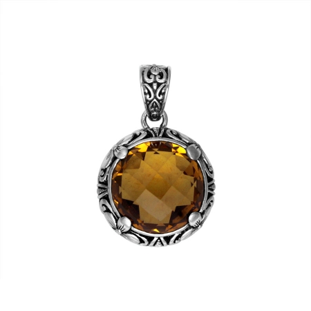 Usbp4130 Sterling Silver Round Faceted Citrine In A Floral Detailed Bezel Pendant