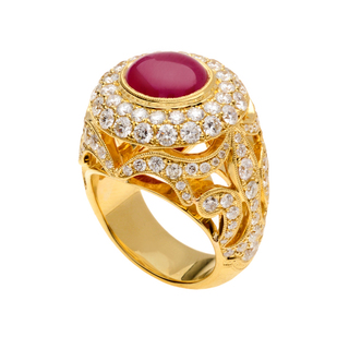Jewelry 18k Yellow Gold 4 5/8ct Tdw Diamond And Oval-cut Red Ruby Royal Ring (f-g Vs1-vs2)