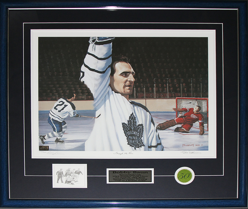 Baun_painting_brokenankle Bobby Baun Toronto Maple Leafs Broken Ankle Goal Signed Painting Frame
