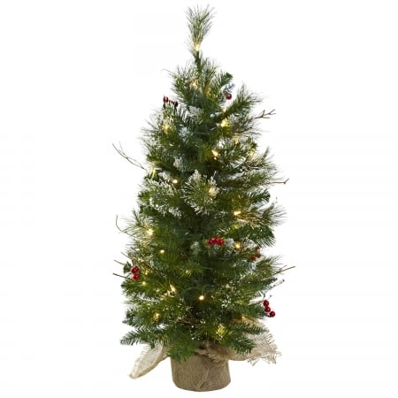 3 Ft. Christmas Tree With Clear Lights Berries & Burlap Bag