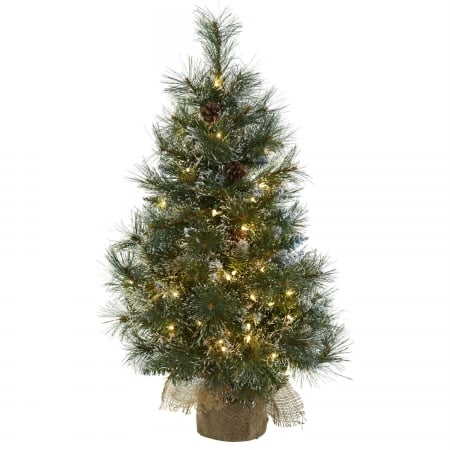 3 Ft. Christmas Tree With Clear Lights, Frosted Tips, Pine Cones & Burlap Bag