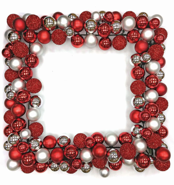 A-152354 36 In. Ball Square Wreath, Red & Silver