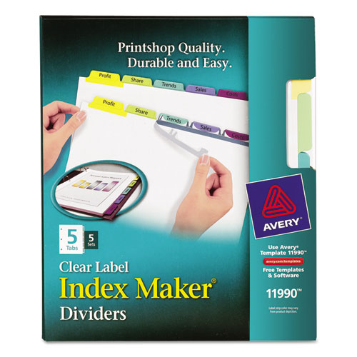 Avery-dennison 11990 Print & Apply Clear Label Dividers With Color Tabs, 5-tab, Letter, 5 Sets