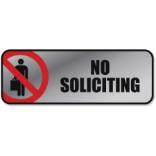 Consolidated Stamp 098208 Brushed Metal Office Sign, No Soliciting - Silver & Red