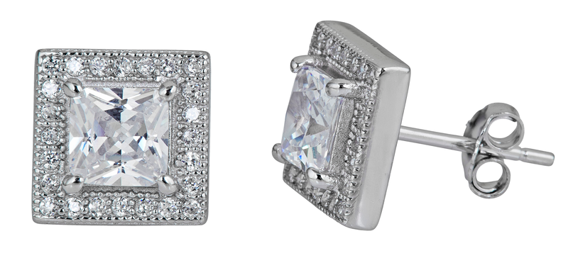 Group Sterling Silver Princess Cut Micropave Stud Earrings With Cubic Zirconia