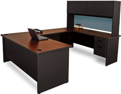 Marvel Group Prnt59-bk-f8568-madn 8.5 X 6 Ft. U-shaped Desk With Flipper Door Unit, Black & Mahogany, Slate