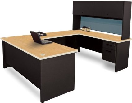 Marvel Group Prnt59-bk-f8568-okpu 8.5 X 6 Ft. U-shaped Desk With Flipper Door Unit, Black & Oak, Slate