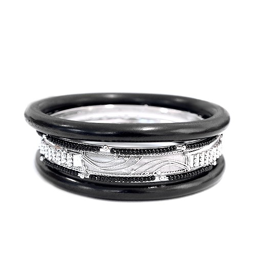 0805470228554 Black Seed Beads Silver Bangles With Black Wood, Pieces - 5