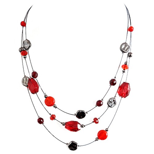 0800000001300 Hematite-red Beaded Three-strand Illusion Necklace