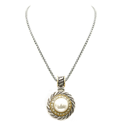 0800000045205 Glass Pearl Accent With Clear Rhinestone Two-tone Cable Necklace