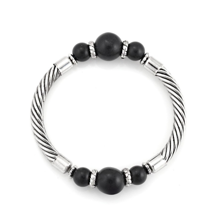 0800000000761 Rhodium Tone Black Beads Rope Style Bracelets