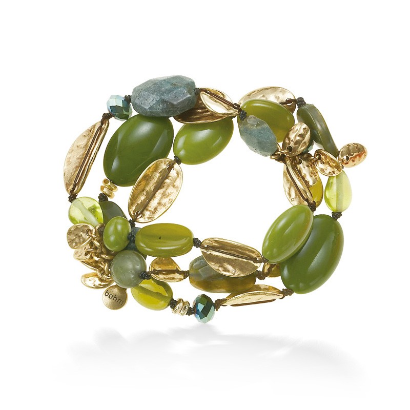 0900000034732 Gold-tone Metal 3 Layered Green Stone Stretch Bracelets