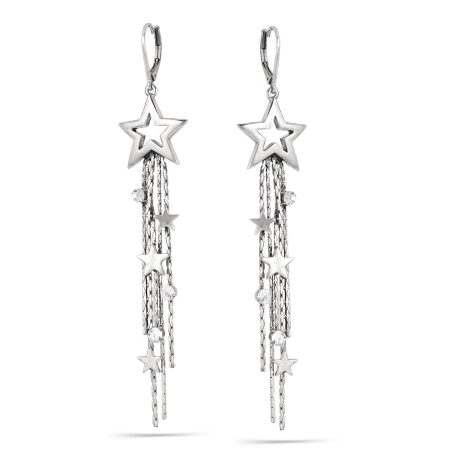 0900000009785 Rhodium-tone Metal White Crystal Multi Star Tassel Earrings
