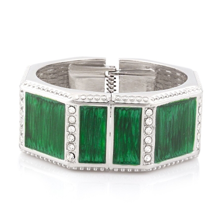 0800000045458 Rhodium-tone Metal Green Crystal Epoxy Hinged Bracelets