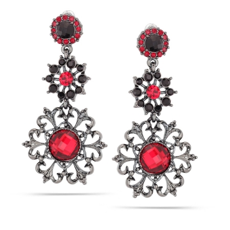 0900000026416 Hematite-tone Metal Black And Red Crystal Filigree Earrings