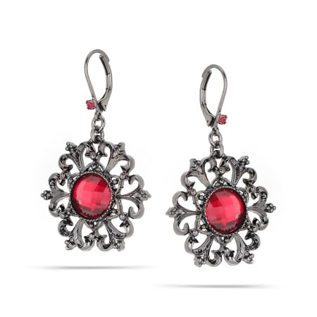 0900000026393 Hematite-tone Metal Red Crystal Filigree Earrings