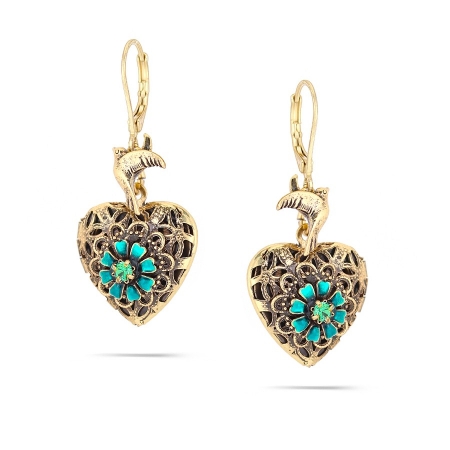 0900000014956 Gold-tone Metal Heart Filigree Green Crystal Earrings