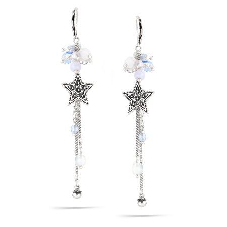 0900000007408 Silver-tone Metal Light Blue Crystal Star Tassel Earrings