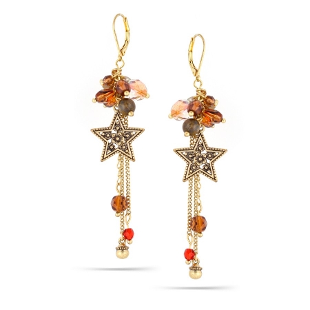 0900000007255 Gold-tone Metal Brown Crystal Star Tassel Earrings