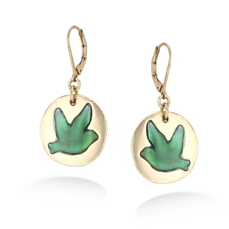 0900000017100 Gold-tone Metal Green Mother Of Pearl Inlaid Bird Disc Earrings