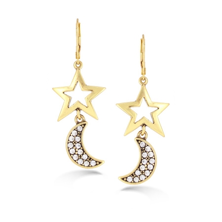 0900000009570 Gold-tone Metal Star And Moon White Crystal Earrings