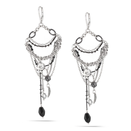 0900000016974 Silver-tone Metal Black Beads Charm Tassel Earrings
