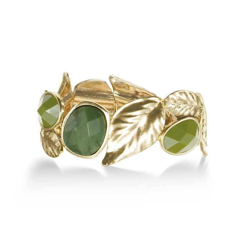 0900000034244 Gold-tone Metal Leaf Green Stone Stretch Bracelets