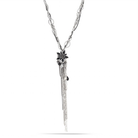 0900000016905 Silver-tone Metal Black Flower Tassel Necklace