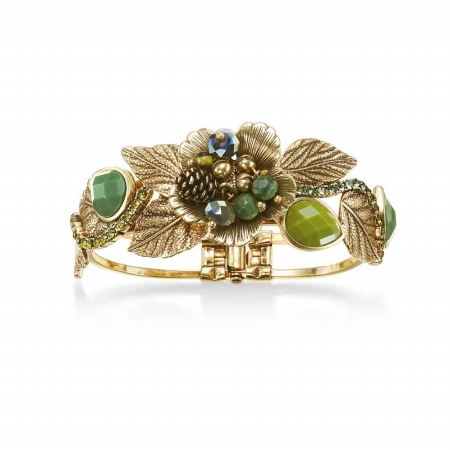 0900000034237 Gold-tone Metal Flower Green Stones And Crystal Hinged Bracelets