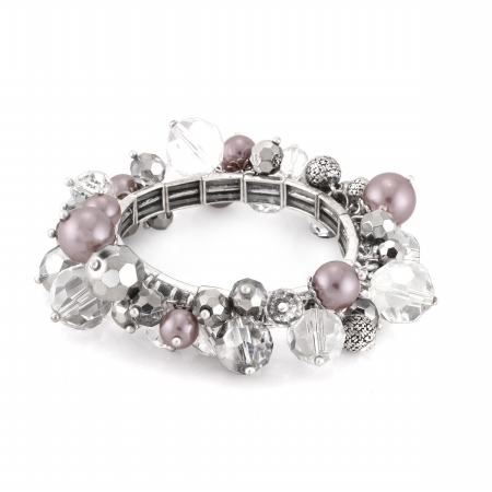 0900000029219 Silver-tone Metal Grey Pearl And White Crystal Stretch Bracelets