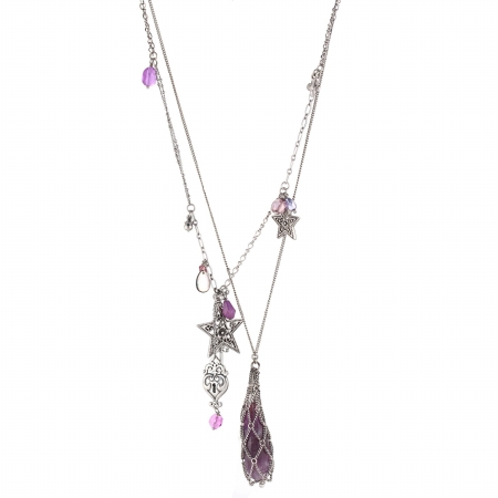 0900000007064 Rhodium-tone Metal Purple Stone Layered Necklace