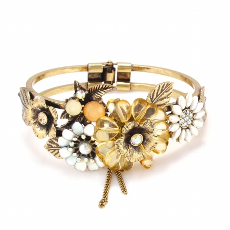0900000023286 Gold-tone Metal Enamel And Crystals Flower Hinged Bracelets