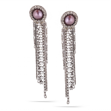 0900000026096 Hematite-tone Metal Pearl And Crystal Tassel Earrings
