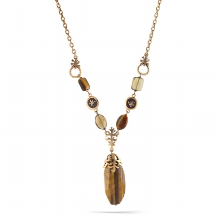 0900000001932 Gold-tone Metal Tigers Eye Natural Stone Necklace