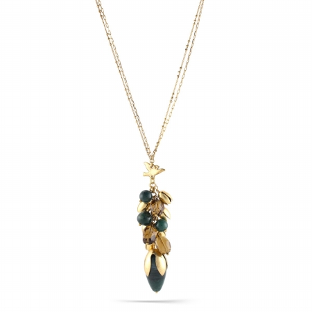 0900000006920 Gold-tone Metal Green Natural Stone And Smokey Crystal Drop Necklace