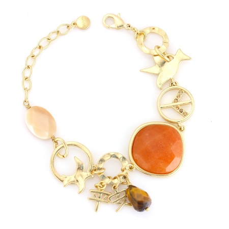 0900000006562 Gold-tone Metal Tigers Eye And Orange Natural Stone Wrap Around Bracelets