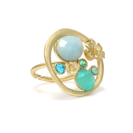 0900000010040 Gold-tone Meal Blue And Turquoise Stone Crystal Rings