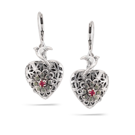 0900000015090 Silver-tone Metal Heart Filigree Flower And Bird Drop Earrings