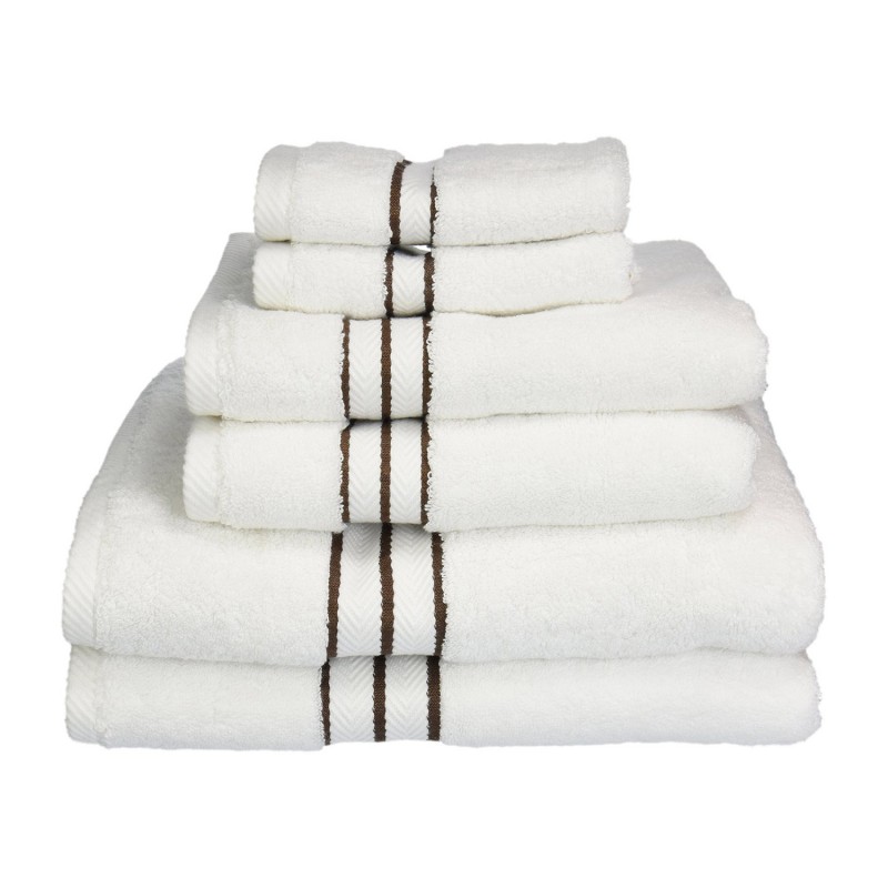 900gsm-h 6pc Set Ch 900 Gsm Egyptian Cotton Towel Set - White With Chocolate Border, 6 Pieces