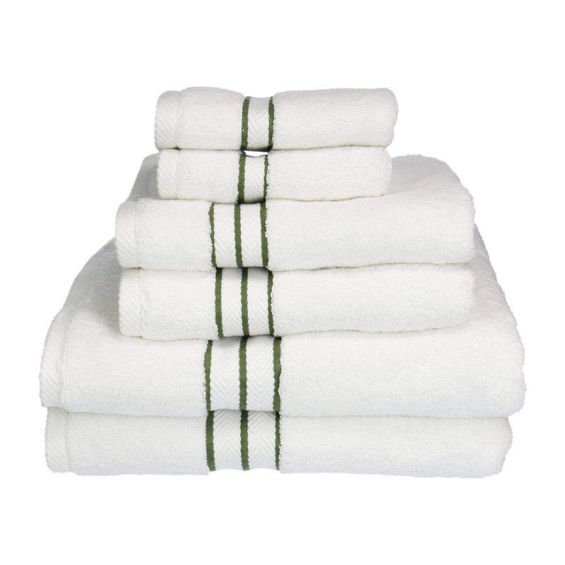 900gsm-h 6pc Set Fg 900 Gsm Egyptian Cotton Towel Set - White With Forest Green Border, 6 Pieces