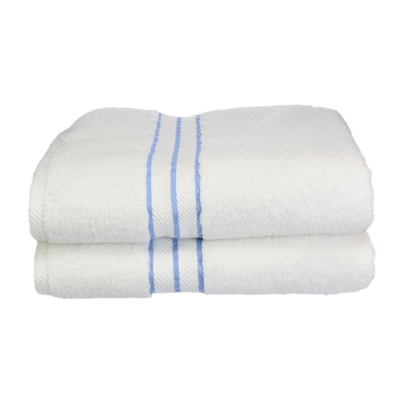 900gsm-h Btowel Lb 900 Gsm Egyptian Cotton Bath Towel Set - White With Light Blue Border, 2 Pieces