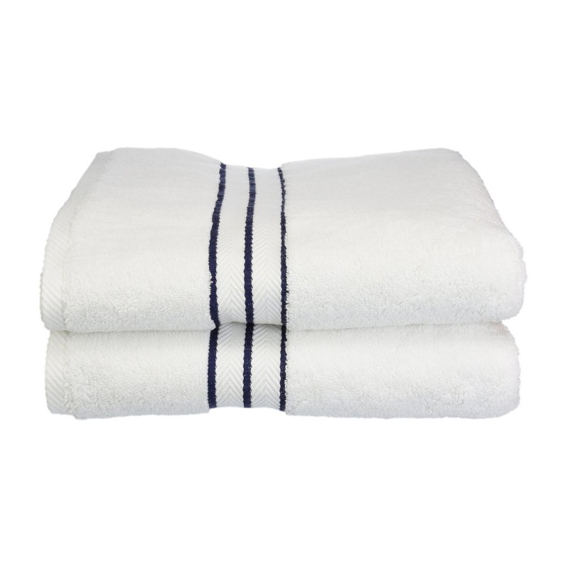 900gsm-h Btowel Nb 900 Gsm Egyptian Cotton Bath Towel Set - White With Navy Blue Border, 2 Pieces