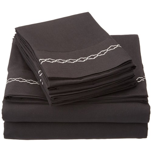 -executive 3000 Mf3000twsh Clbkgr Executive 3000 Series Twin Sheet Set, Clouds Embroidery - Black & Grey