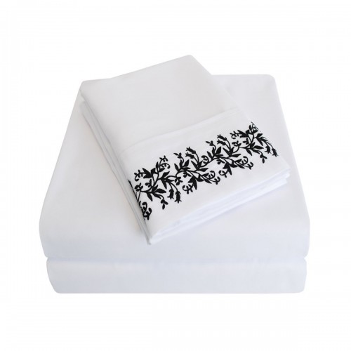 -executive 3000 Mf3000flsh Flwhbk Executive 3000 Series Full Sheet Set, Floral Lace Embroidery - White & Black