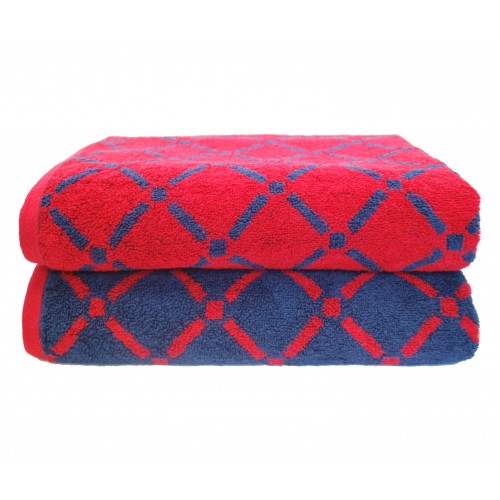 Dia Bsheet Rdnv 550 Gsm Diamond Cotton Bath Sheet Set - Red & Navy Blue, 2 Pieces